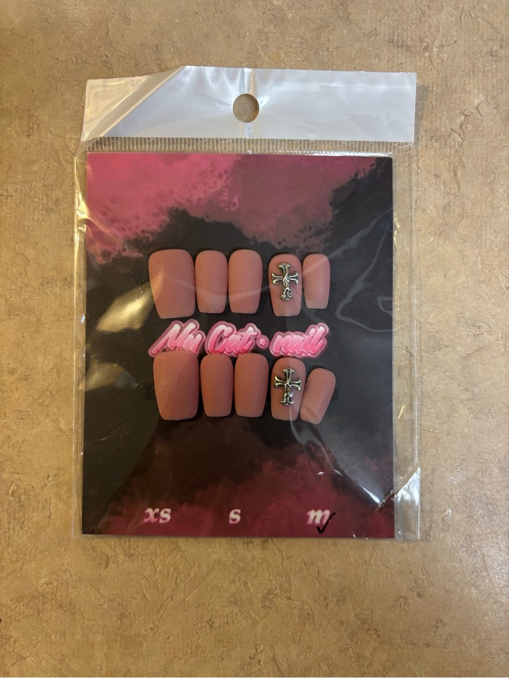Unbranded Matte Pink Press-On Nail Set with Cross Accent
